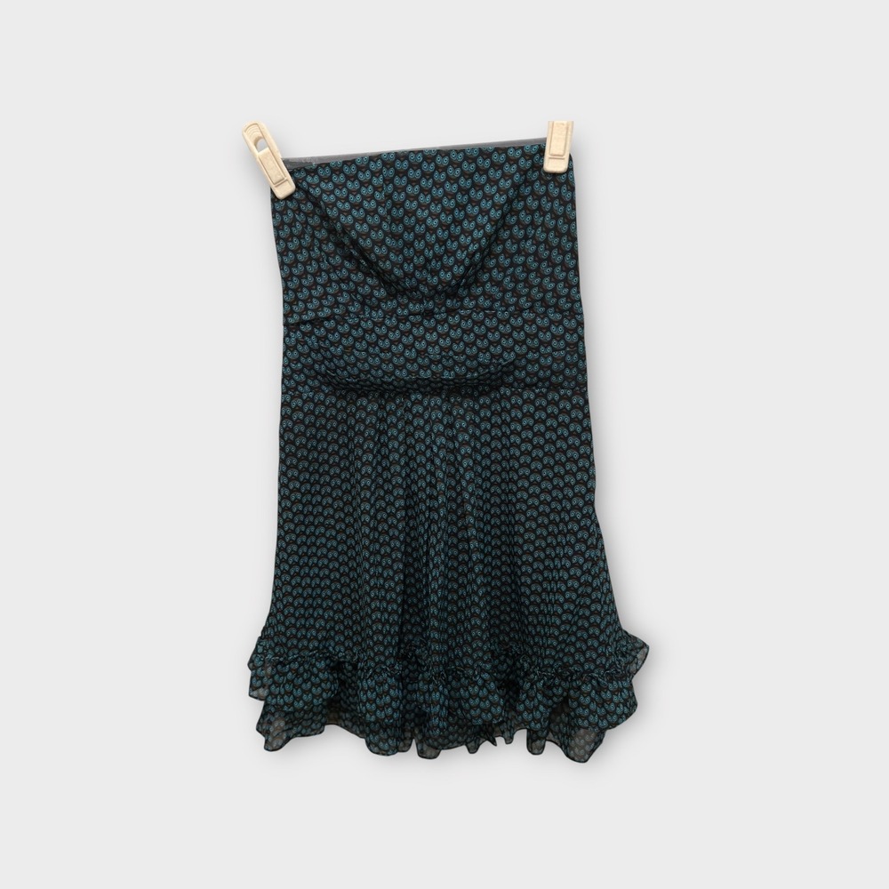 Ya Black & Teal Owl Print Strapless Dress Ruffle Hem Silk Blend - Size‎ M